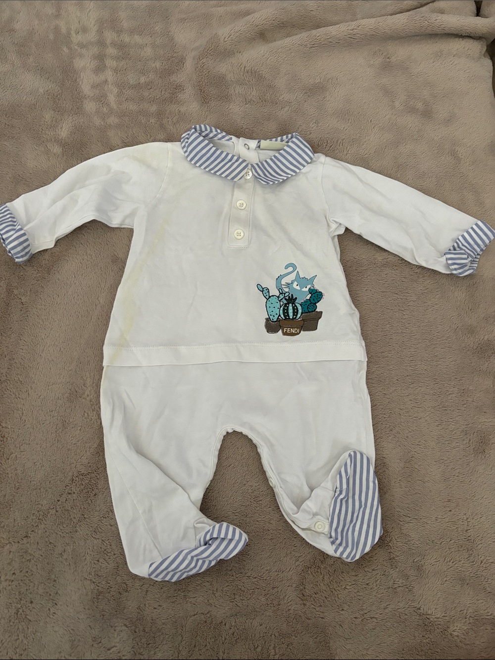 Fendi White One-Piece with Light Blue Striped Collar & Cuffs